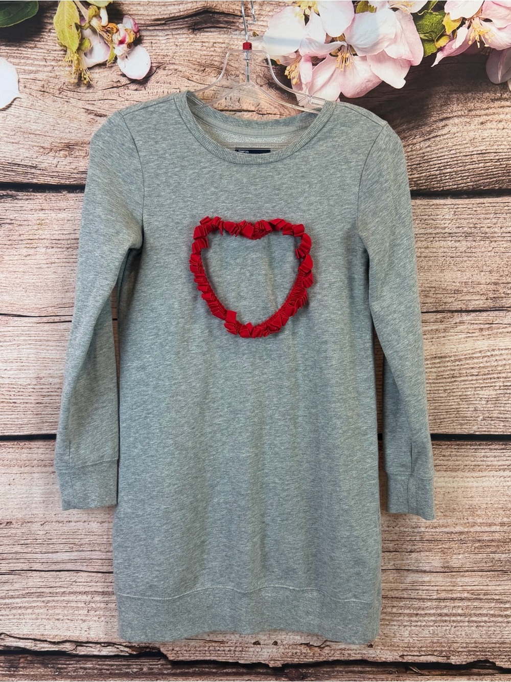 Gap Girl’s Cotton Solid Gray Red Embroidered Heart Long Line Top Tunic XL 12Y